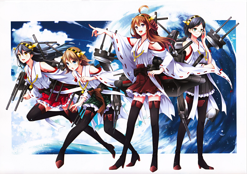 :d absurdres adjusting_eyewear ahoge aqua_eyes bare_shoulders black_hair black_legwear blue_eyes boots brown_hair detached_sleeves glasses hairband haruna_(kantai_collection) headgear hiei_(kantai_collection) highres japanese_clothes kantai_collection kirishima_(kantai_collection) kongou_(kantai_collection) long_hair md5_mismatch multiple_girls open_mouth pantyhose pointing purple_eyes ribbon-trimmed_sleeves ribbon_trim ringo_ame scan short_hair smile thigh_boots thighhighs yellow_eyes zettai_ryouiki