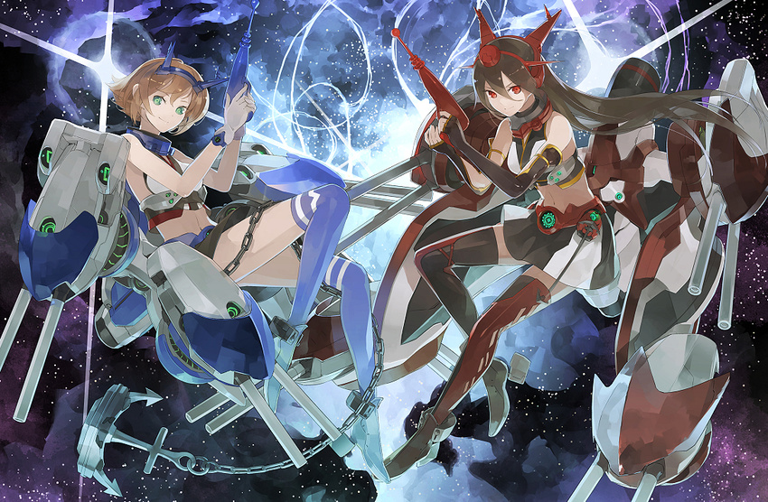 anchor ankle_boots bare_shoulders black_gloves black_legwear blue_legwear boots brown_hair cannon chain commentary elbow_gloves energy_gun gloves green_eyes hair_ornament kantai_collection long_hair looking_at_viewer machinery mecha_musume midriff multiple_girls mutsu_(kantai_collection) nagato_(kantai_collection) red_eyes shihou_(g-o-s) shirt short_hair skirt smile space thighhighs very_long_hair weapon white_gloves