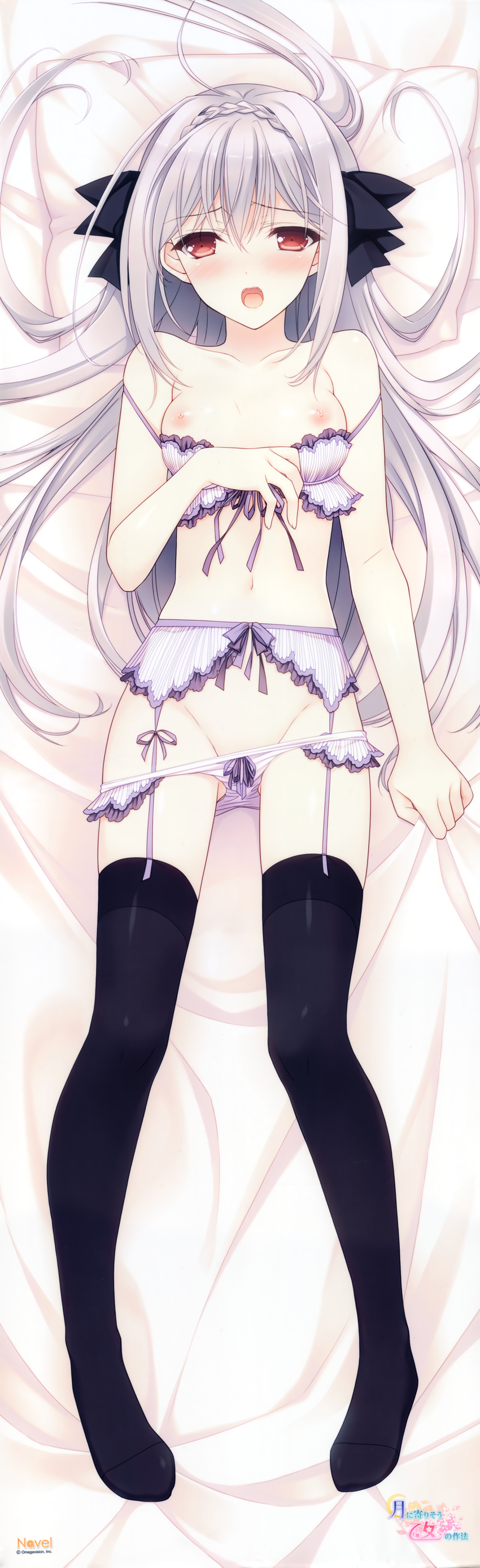 :o absurdres bed_sheet black_legwear bra bra_pull breasts dakimakura dress full_body garter_belt grey_hair highres huge_filesize legs lying nipples on_side panties panty_pull pink_eyes sakurakouji_luna school_uniform sheet_grab small_breasts solo suzuhira_hiro thighhighs tsuki_ni_yorisou_otome_no_sahou underwear white_bra white_panties