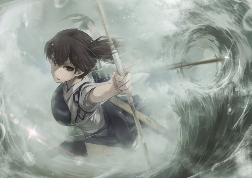 bow_(weapon) brown_hair green_eyes japanese_clothes kaga_(kancolle) kantai_collection lif_(lif-ppp) water weapon