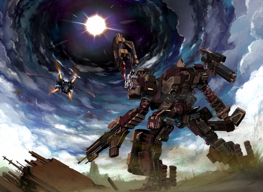 airplane armored_core armored_core:_verdict_day battle cloud cloudy_sky gun highres jet mecha murakumo_mdl.1 n-wgix/v no_humans number pollution rifle scenery sky smoke spirit_of_mother_will spoilers star_(sky) starry_sky sun usuki_(graygreed) vanguard_overed_boost weapon white_glint