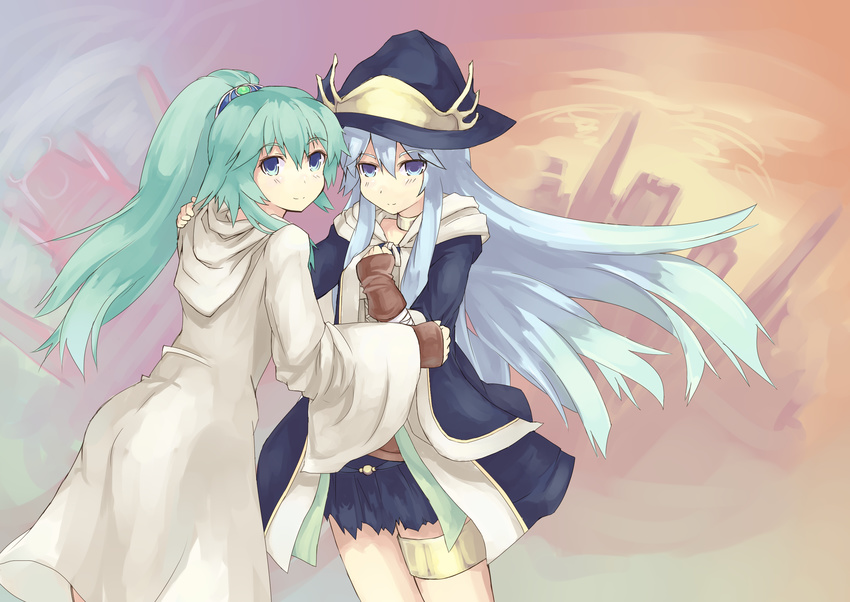 bangs blue_eyes blue_hair coat duel_monster fingerless_gloves gishki_ariel gloves green_eyes hand_on_another's_shoulder hat highres jewelry light_smile long_hair looking_at_viewer multiple_girls normaland ponytail robe skirt smile winda_priestess_of_gusto witch witch_hat yuu-gi-ou