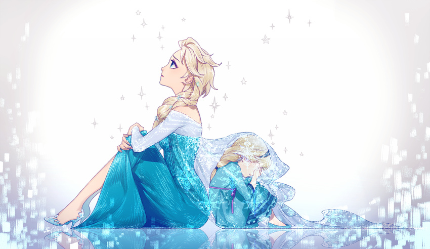 back-to-back blonde_hair blue_dress blue_eyes braid covering_eyes crying dress elsa_(frozen) frozen_(disney) hairband high_heels kazari_tayu long_hair looking_up multiple_girls profile reflection sitting slippers time_paradox younger