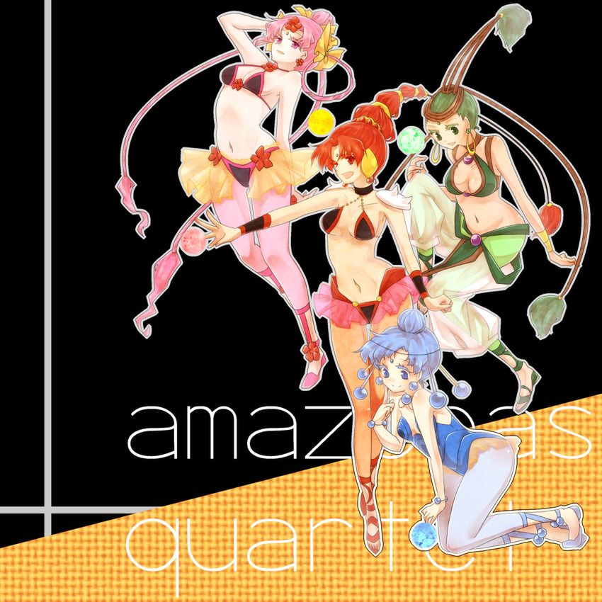 :d amazons_quartet bishoujo_senshi_sailor_moon blue_eyes blue_hair blue_leotard bow breasts cerecere_(sailor_moon) choker cleavage earrings facial_mark forehead_mark green_eyes green_hair hair_ribbon hair_rings hair_tubes highres ice_(aitsugai) jewelry junjun_(sailor_moon) leotard long_hair medium_breasts midriff multi-tied_hair multiple_girls open_mouth orb pallapalla_(sailor_moon) pink_eyes pink_hair red_eyes red_hair ribbon sandals see-through short_hair small_breasts smile twintails very_long_hair vesves_(sailor_moon) yellow_bow