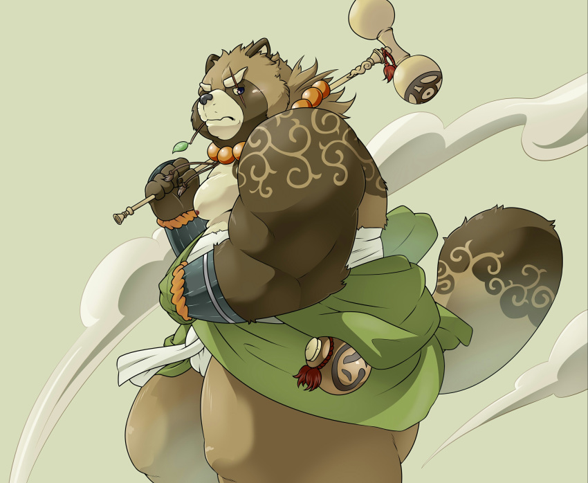 2018 anthro brown_fur canine clothed clothing fur gyobu leaf male mammal moobs nipples overweight overweight_male pomupomu490 scar simple_background solo tanuki tattoo tokyo_afterschool_summoners
