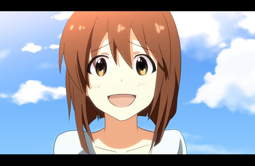 absurdres anime_coloring bob_cut brown_hair close-up cloud day hagiwara_yukiho highres idolmaster idolmaster_(classic) letterboxed looking_at_viewer open_mouth short_hair sky solo tomon_(slash0410) yellow_eyes