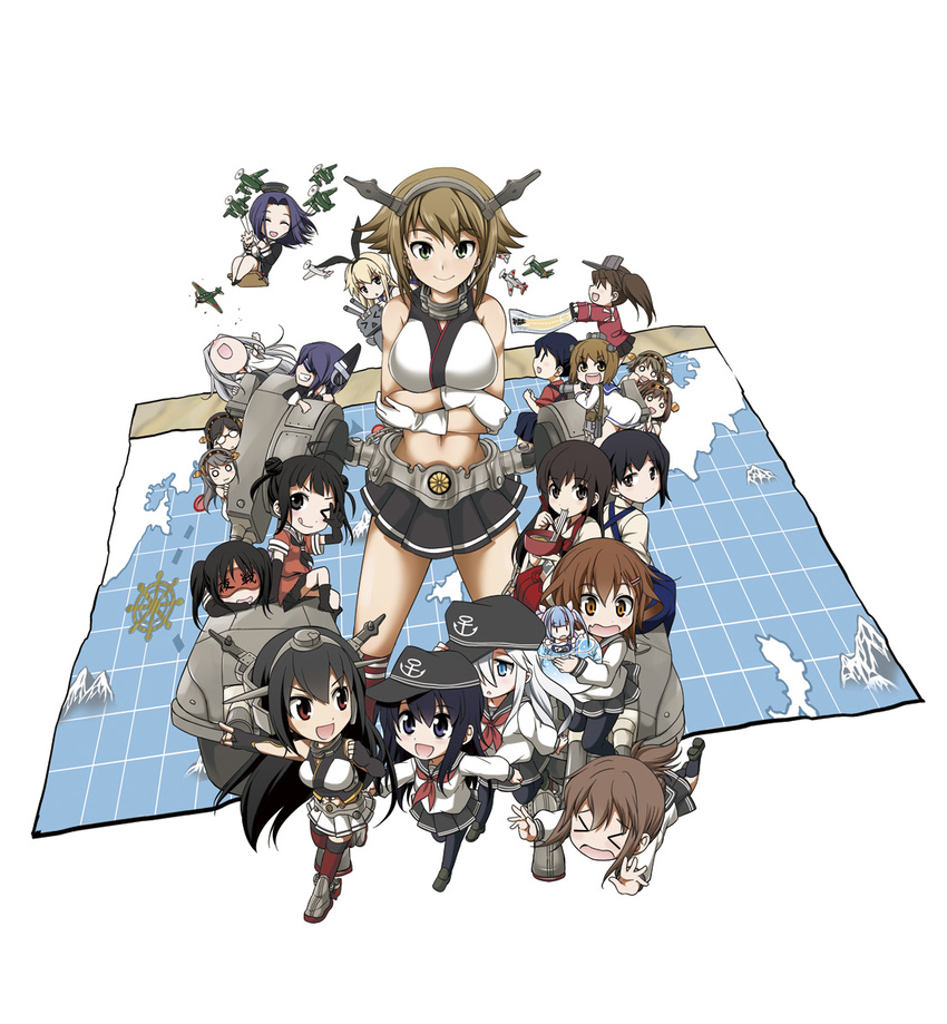 ahoge aircraft airplane akagi_(kantai_collection) akatsuki_(kantai_collection) bare_shoulders brown_hair double_bun eating eyepatch folded_ponytail gekka_kaguya_(urabata) glasses gloves green_eyes hairband haruna_(kantai_collection) headgear hibiki_(kantai_collection) hiei_(kantai_collection) houshou_(kantai_collection) i-19_(kantai_collection) ikazuchi_(kantai_collection) inazuma_(kantai_collection) japanese_clothes kaga_(kantai_collection) kantai_collection kirishima_(kantai_collection) kongou_(kantai_collection) long_hair map midriff multiple_girls mutsu_(kantai_collection) nagato_(kantai_collection) naka_(kantai_collection) nontraditional_miko pantyhose pleated_skirt purple_hair ryuujou_(kantai_collection) school_uniform sendai_(kantai_collection) serafuku shimakaze_(kantai_collection) short_hair skirt sleep_mask tatsuta_(kantai_collection) tenryuu_(kantai_collection) thighhighs translated yukikaze_(kantai_collection)