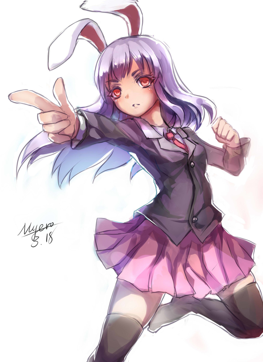 animal_ears bad_id bad_pixiv_id black_legwear bunny_ears finger_gun highres jacket long_sleeves myero necktie outstretched_arm purple_hair red_eyes red_neckwear reisen_udongein_inaba shirt signature simple_background skirt solo thighhighs touhou white_background zettai_ryouiki