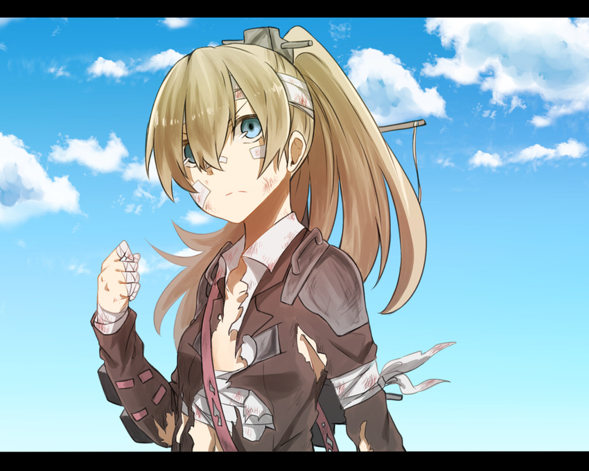 bandage_on_face bandages blue_eyes blue_sky brown_hair clenched_hands cloud day dress_shirt injury kantai_collection kumano_(kantai_collection) letterboxed long_hair ponytail shirt sky solo torn_clothes tsukamoto_minori upper_body