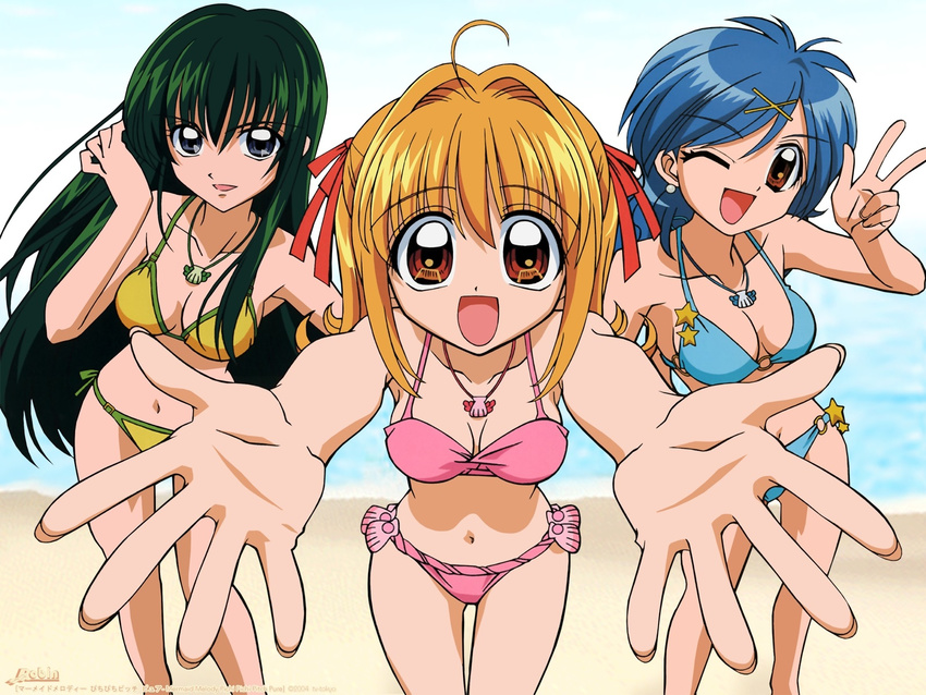 2004 3girls :d ;d ahoge bare_legs bare_shoulders beach bikini black_eyes blonde_hair blue_bikini blue_hair breasts brown_eyes cleavage collarbone contrapposto earrings female fingernails foreshortening green_hair hair_between_eyes hair_intakes hair_ornament hair_ribbon hair_tucking hairclip hands happy head_tilt highres hips houshou_hanon jewelry legs long_hair looking_at_viewer mermaid_melody_pichi_pichi_pitch midriff multiple_girls nanami_lucia navel necklace o-ring_bottom o-ring_top official_art one_eye_closed open_hand open_hands open_mouth orange_eyes outdoors outstretched_arms pink_bikini reaching ribbon sand short_hair side-tie_bikini smile standing star swimsuit text thigh_gap thighs touin_rina v wallpaper water wink yellow_bikini