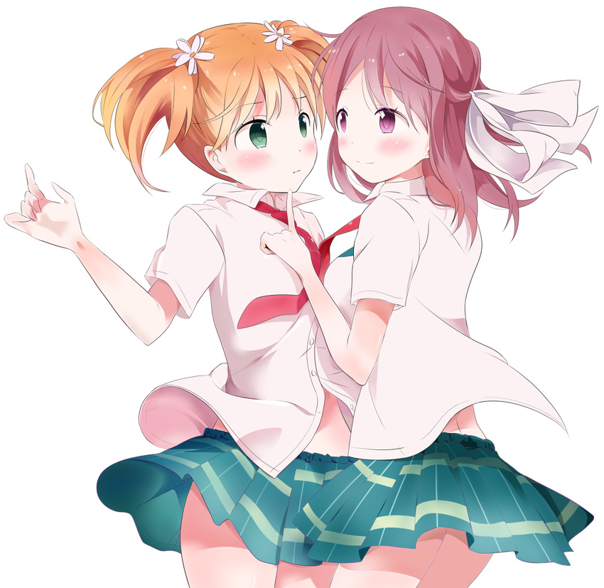 blush flower fortune green_eyes hair_flower hair_ornament hair_ribbon multiple_girls necktie orange_hair pink_eyes red_hair ribbon sakura_trick school_uniform shirt short_hair short_sleeves simple_background skirt smile sonoda_yuu takayama_haruka twintails white_background yuri