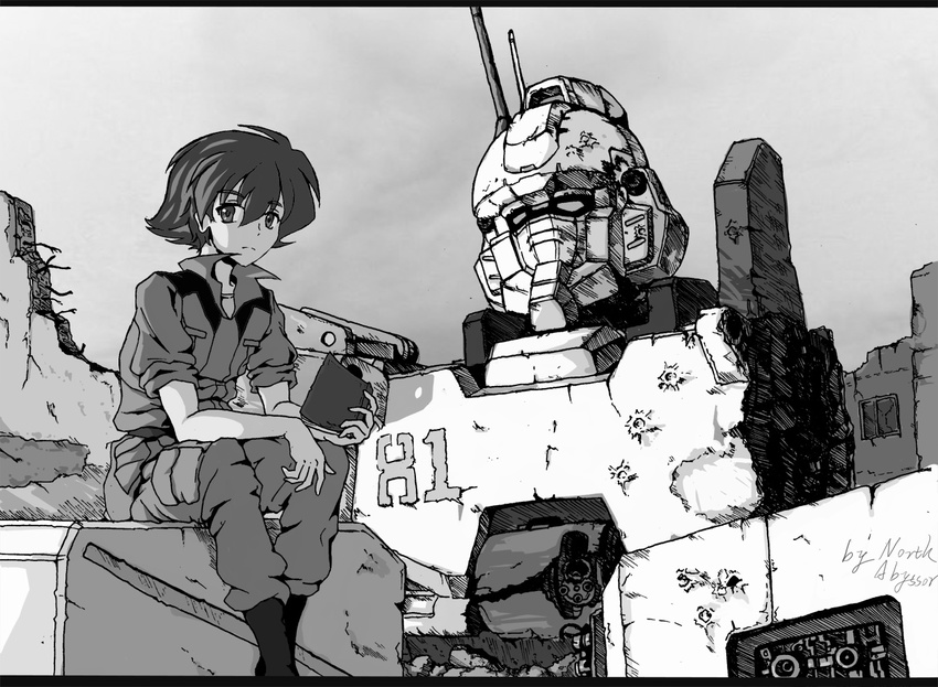 1boy damaged ez-8_gundam gundam gundam_08th_ms_team mecha military military_uniform monochrome shiro_amada sitting uniform