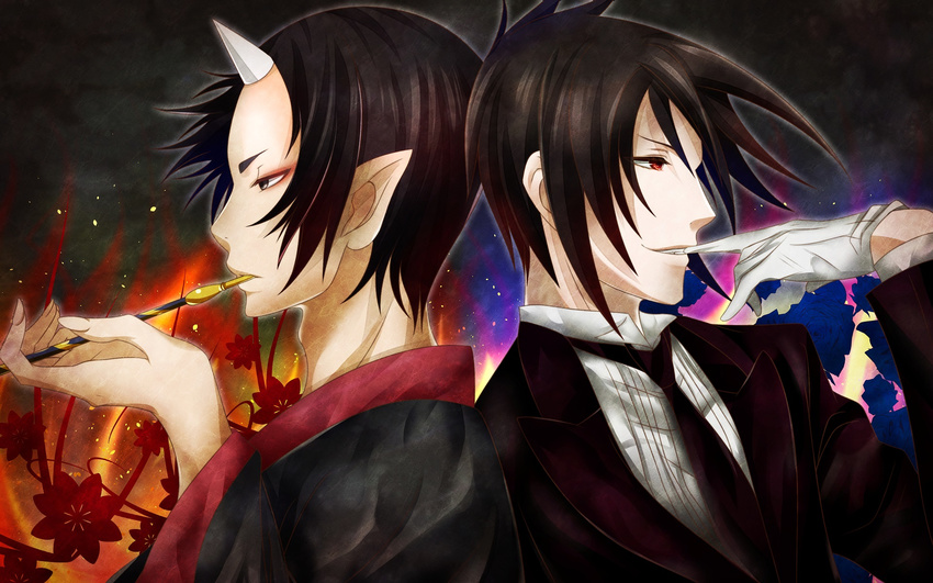 black_eyes black_hair crossover formal gloves highres hoozuki_(hoozuki_no_reitetsu) hoozuki_no_reitetsu horn japanese_clothes kiseru kuroshitsuji male_focus multiple_boys necktie oni pipe pointy_ears red_eyes renmei sebastian_michaelis trait_connection