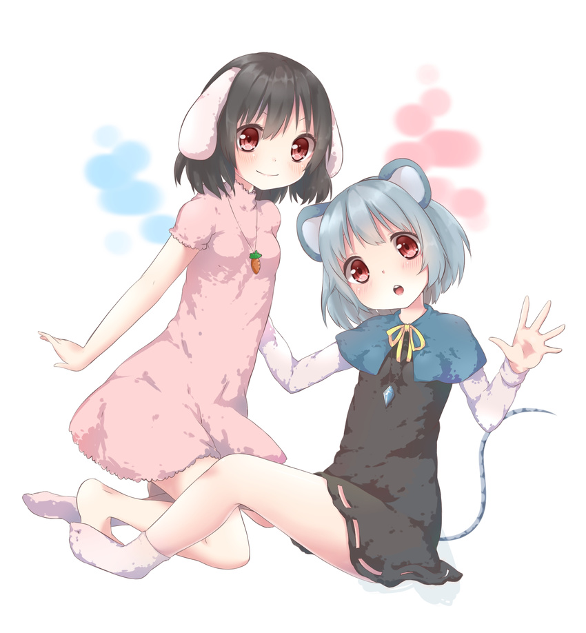 animal_ears bad_id bad_pixiv_id black_hair bunny_ears grey_hair highres inaba_tewi mouse_ears mouse_tail multiple_girls nazrin open_hand open_mouth red_eyes rima_(rimarip) short_hair tail touhou