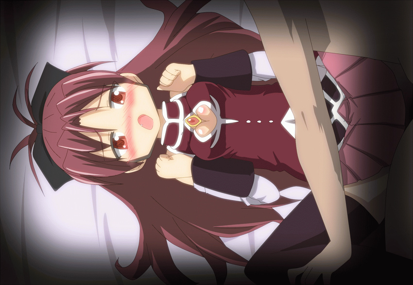 1girl animated animated_gif black_legwear bouncing_breasts bow breasts cleavage_cutout clothed_female_nude_male clothed_sex fang hair_bow hangaku hetero long_hair mahou_shoujo_madoka_magica medium_breasts nude open_mouth red_eyes red_hair sakura_kyouko sex skirt solo_focus thighhighs very_long_hair