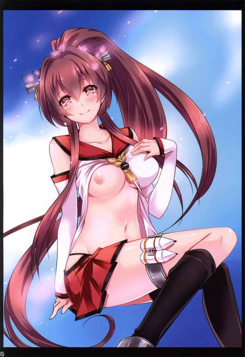 absurdres amagai_yukino black_legwear blush breast_slip breasts brown_eyes brown_hair cherry_blossoms detached_sleeves flower hair_flower hair_ornament highres kantai_collection long_hair looking_at_viewer medium_breasts nipples non-web_source one_breast_out ponytail smile solo very_long_hair yamato_(kantai_collection)
