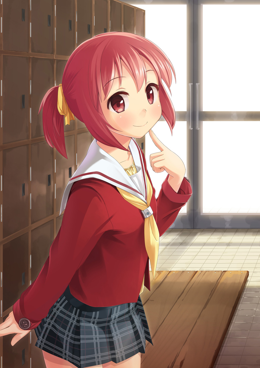 absurdres bad_id bad_pixiv_id blush finger_to_mouth highres original plaid plaid_skirt ponytail red_eyes red_hair sawada_yuusuke school_uniform short_hair skirt smile solo thighhighs