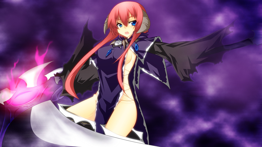 blue_eyes breasts cowboy_shot glowing glowing_weapon groin highres hips horns itsumaden_(track46) kamidori_alchemy_meister large_breasts long_hair looking_at_viewer naked_tabard no_bra no_panties open_mouth ragsmuena red_hair scythe side_slit sideboob skull sleeves_past_wrists solo standing tabard thighs weapon wide_sleeves
