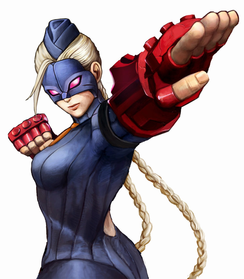 ahoge blonde_hair blue_leotard braid breasts clenched_hand decapre fighting_stance fingerless_gloves garrison_cap gloves hat highres huge_ahoge ikeno_daigo leotard lips long_hair mask medium_breasts necktie official_art pantyhose pink_eyes ribbed_leotard solo street_fighter street_fighter_iv_(series) twin_braids white_background