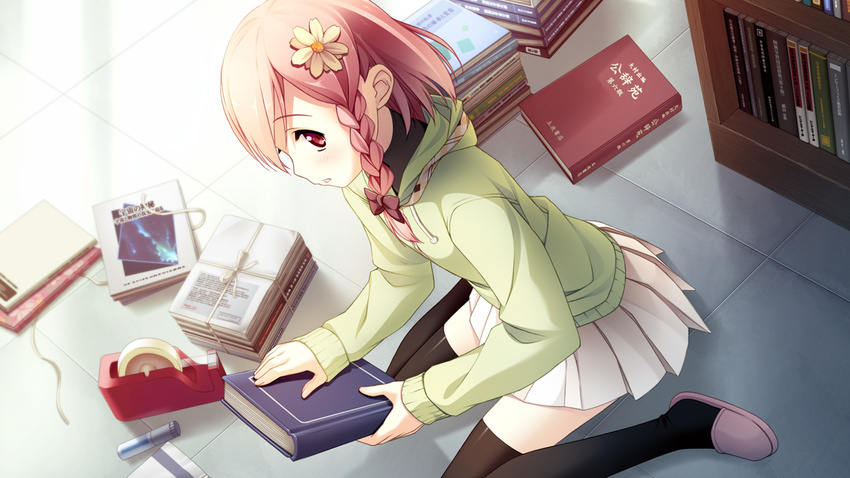 black_legwear blush book flower game_cg hair_flower hair_ornament holding holding_book kantoku looking_at_viewer pink_eyes pink_hair short_hair skirt solo thighhighs your_diary yua_(your_diary)