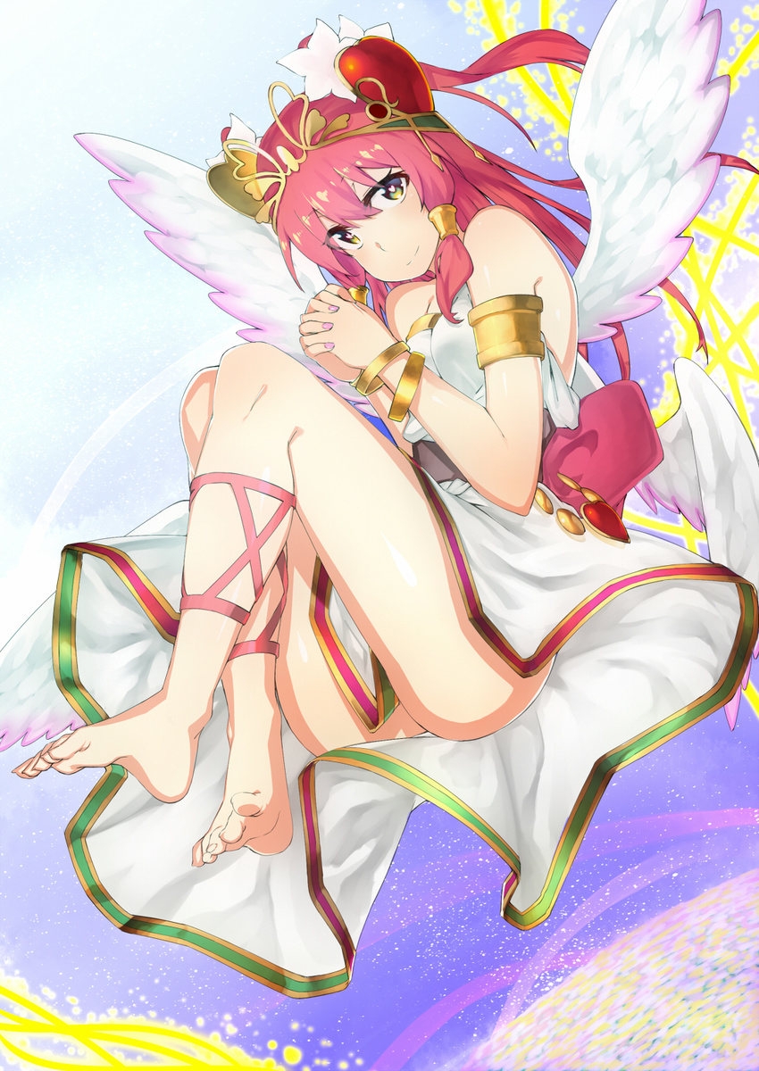 ankle_lace-up armlet bad_id bad_pixiv_id bare_shoulders barefoot bracelet cross-laced_footwear feet hands_clasped hati105 headdress heart heart-shaped_pupils highres jewelry long_hair looking_at_viewer own_hands_together pink_hair puzzle_&amp;_dragons smile solo symbol-shaped_pupils venus_(p&amp;d) wings yellow_eyes
