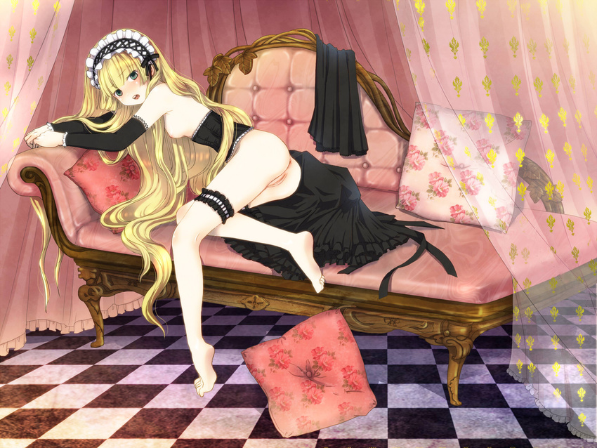 1girl anus ass bangs blonde_hair blush breasts gosick kuraichi long_hair looking_at_viewer nipples no_bra no_panties open_mouth pussy sideboob sideboobs solo teeth thighs tongue uncensored very_long_hair victorica_de_blois