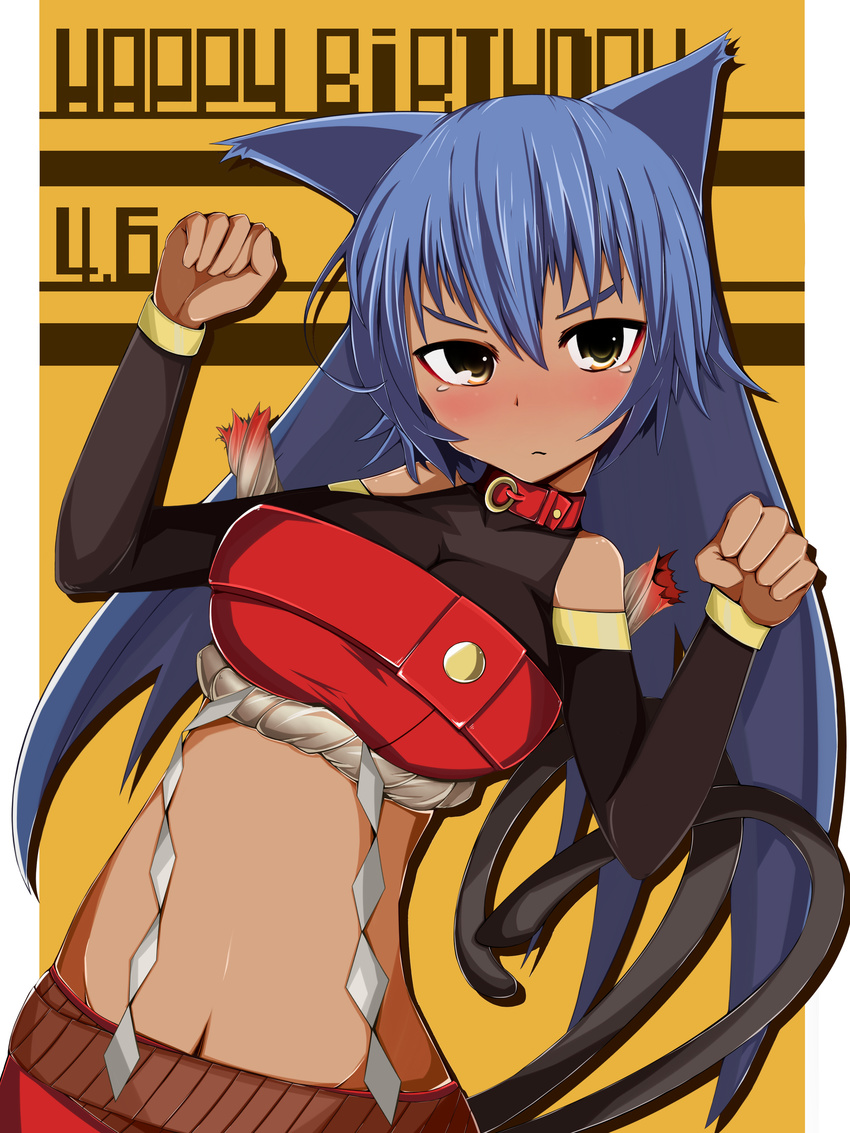 absurdres animal_ears aoi_senri bad_id bad_pixiv_id blue_hair blush borrowed_character breasts cat_ears cat_tail collar dark_skin dated gaju_(akia73) happy_birthday highres large_breasts long_hair looking_at_viewer multiple_tails original paw_pose simple_background solo tail yellow_background