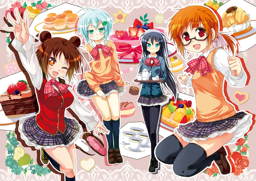 black_legwear blush brown_eyes brown_hair cake eboshi_momono food glasses green_eyes green_hair katase_hakui kuriyama_yumino leaf long_hair looking_at_viewer mikuri_gakuen_sweets-bu multiple_girls one_eye_closed pantyhose porurin short_hair shougo_konatsu skirt smile thighhighs