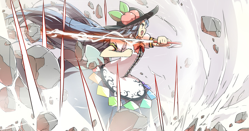 blue_hair bow broken_ground food fruit hat highres hinanawi_tenshi long_hair mushiboy open_mouth peach puffy_sleeves red_eyes shirt short_sleeves skirt solo sword_of_hisou touhou