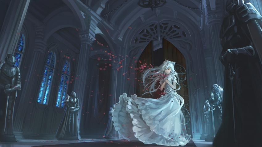 armor closed_eyes column door dress flower full_armor full_body hands_together highres indoors ks long_hair neck_ribbon open_door original petals pillar ribbon short_sleeves solo stained_glass standing tapestry tiara white_dress window