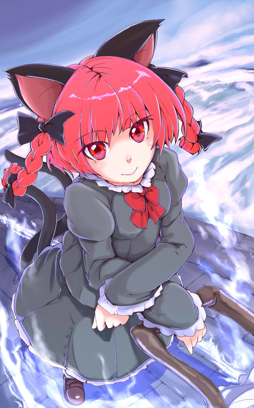 absurdres animal_ears blush bow braid breasts cat_ears cat_tail hair_bow hayate-s highres kaenbyou_rin long_hair long_sleeves looking_at_viewer looking_up medium_breasts multiple_tails red_eyes red_hair ribbon skirt smile solo spirit tail touhou twin_braids wheelbarrow