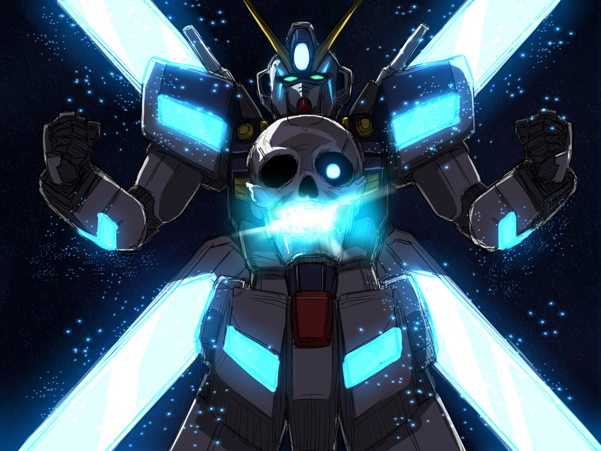 glowing glowing_eyes green_eyes gundam gundam_build_fighters light_particles mecha no_humans ron_(satosi121) satellite_cannon sketch skull skull_and_crossbones solo