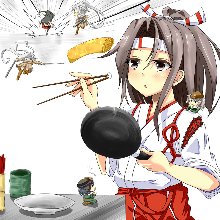 akagi_(kantai_collection) b6n_tenzan blush brown_eyes brown_hair chopsticks cooking cup dish dual_wielding egg_roll fairy_(kantai_collection) flat_chest flight_goggles food frying_pan gun hachimaki hair_ribbon hakama_pants hakama_skirt headband high_ponytail highres holding japanese_clothes kantai_collection katana light_brown_hair long_hair machine_gun multiple_girls omelet open_mouth pilot_suit ponytail rakku_(10219563) ribbon running ryuusei_(kantai_collection) skirt sword tamagoyaki tenzan_(kantai_collection) thighhighs type_99_dive_bomber weapon white_legwear yunomi zuihou_(kantai_collection)