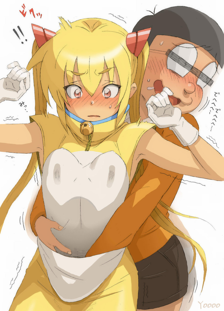 1girl arms_up artist_name bar_censor bare_shoulders bell black_hair blonde_hair blush censored commentary_request doraemon dorami drooling full-face_blush gloves hair_ornament hetero highres identity_censor long_hair looking_down molestation nobi_nobita nose_blush reach-around shaded_face shorts simple_background translation_request twintails white_background wide-eyed yooo