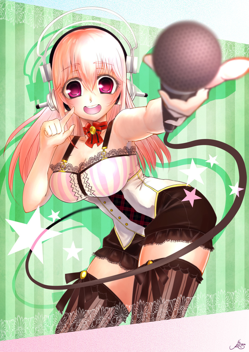 bad_id bad_pixiv_id blush breasts cleavage finger_to_cheek headphones highres jinnichirou large_breasts long_hair looking_at_viewer microphone nitroplus open_mouth pink_eyes pink_hair pointing pointing_at_viewer smile solo striped striped_legwear super_sonico thighhighs vertical-striped_legwear vertical_stripes zettai_ryouiki