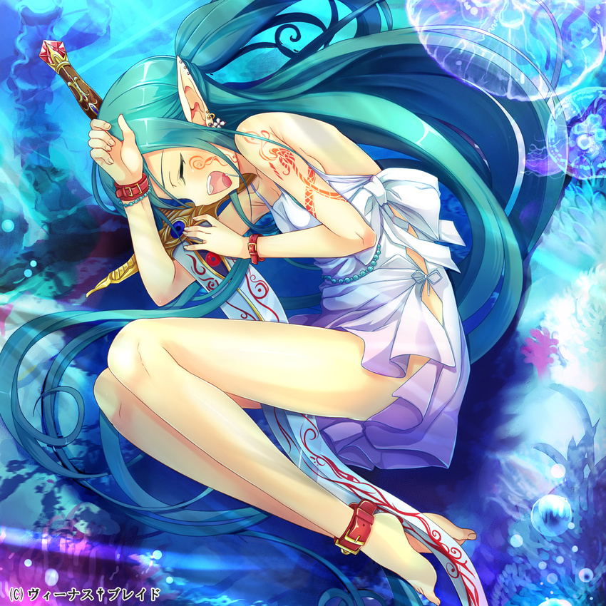 anklet bad_id bad_pixiv_id bare_legs bare_shoulders barefoot beads belt bracelet bracer buckle closed_eyes dress drooling earrings elf green_hair highres jewelry open_mouth pointy_ears short_dress solo sword tattoo teeth venus_blade weapon yamacchi