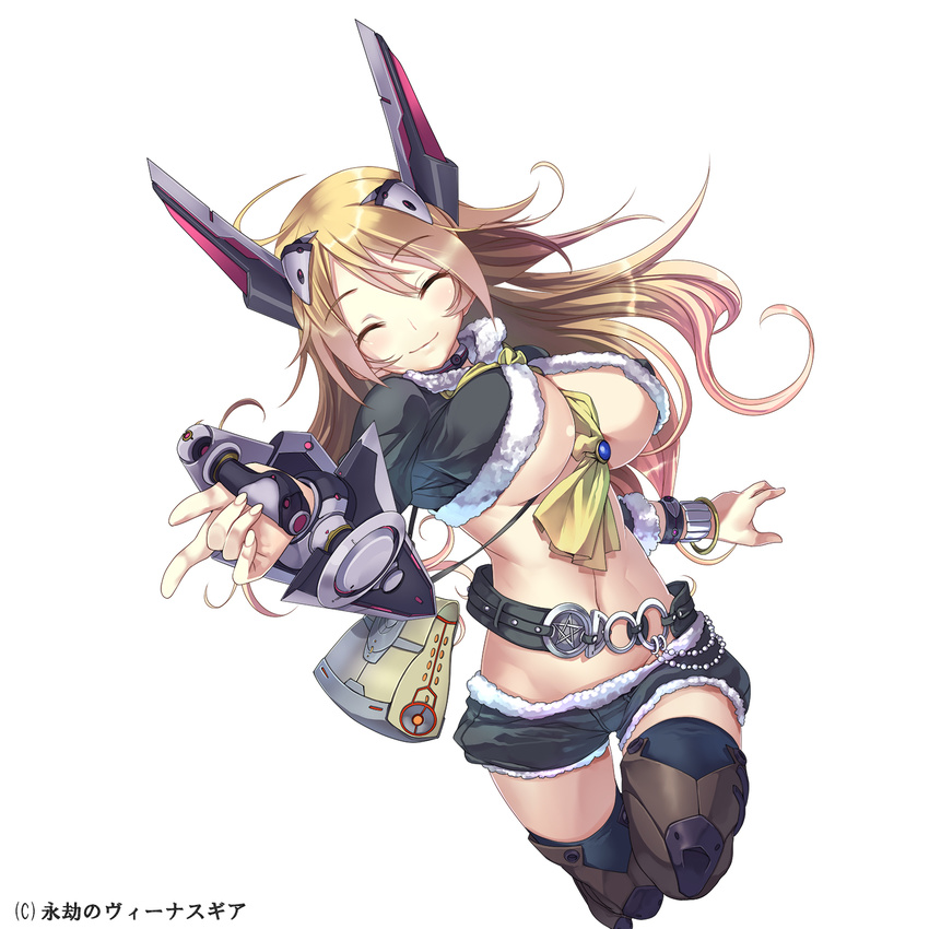 belt between_breasts blonde_hair bouncing_breasts breasts closed_eyes copyright_name eigou_no_venus_gear flying highres large_breasts lens_flare long_hair lucifer making_of mechanical_wings no_bra scarf short_shorts shorts simple_background smile solo underboob white_background wings yamacchi