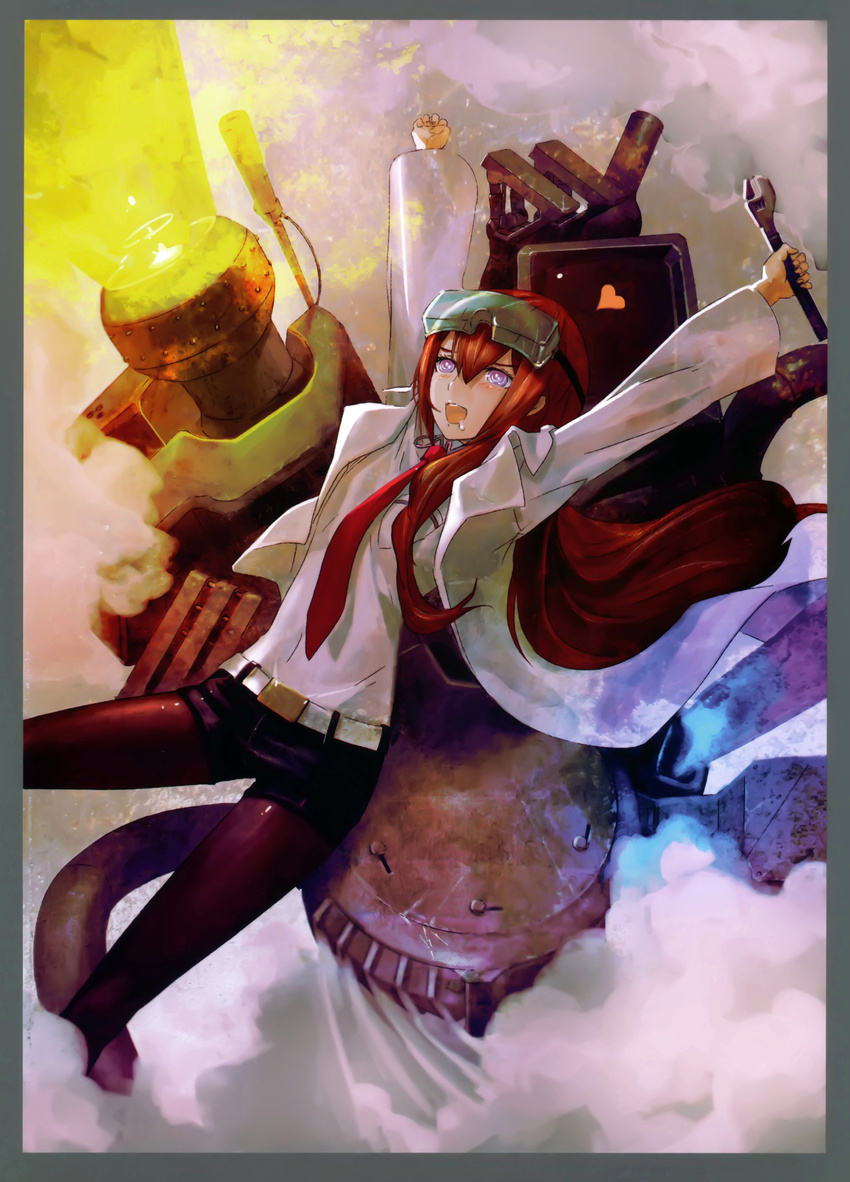 :d absurdres arms_up black_legwear blue_eyes blush brown_hair drooling flat_chest goggles goggles_on_head highres huke labcoat long_hair makise_kurisu necktie official_art open_mouth outstretched_arms pantyhose red_neckwear scan short_shorts shorts smile solo steins;gate wrench