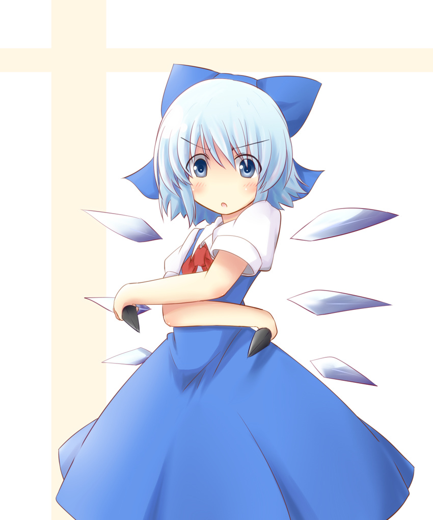 :o blue_eyes blue_hair bow chiro_(bocchiropafe) cirno crossed_arms dress hair_bow highres ice ice_wings kunai looking_at_viewer reverse_grip ribbon short_hair short_sleeves simple_background solo striped striped_background touhou weapon white_background wings