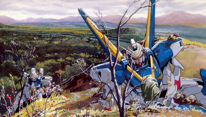 cloud cloudy_sky forest gundam mecha moss mountain nature no_humans river sky tree trees v2_gundam v_gundam victory_gundam