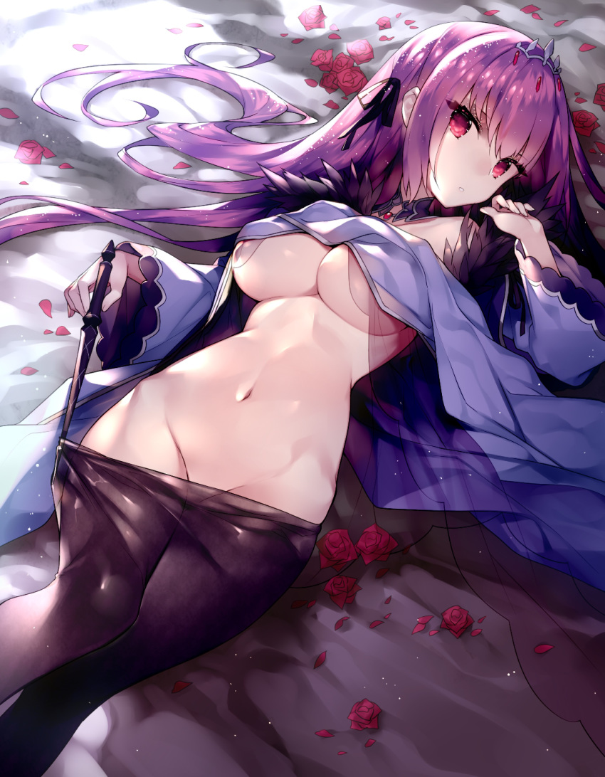 1girl bangs black_legwear breasts cleavage commentary_request dress fate/grand_order fate_(series) flower fur_trim hair_ribbon highres large_breasts long_hair looking_at_viewer lying midriff navel no_panties no_pants on_back pantyhose pantyhose_pull purple_dress purple_hair red_eyes ribbon rose scathach_(fate)_(all) scathach_skadi_(fate/grand_order) tiara touwa_nikuman underboob wand