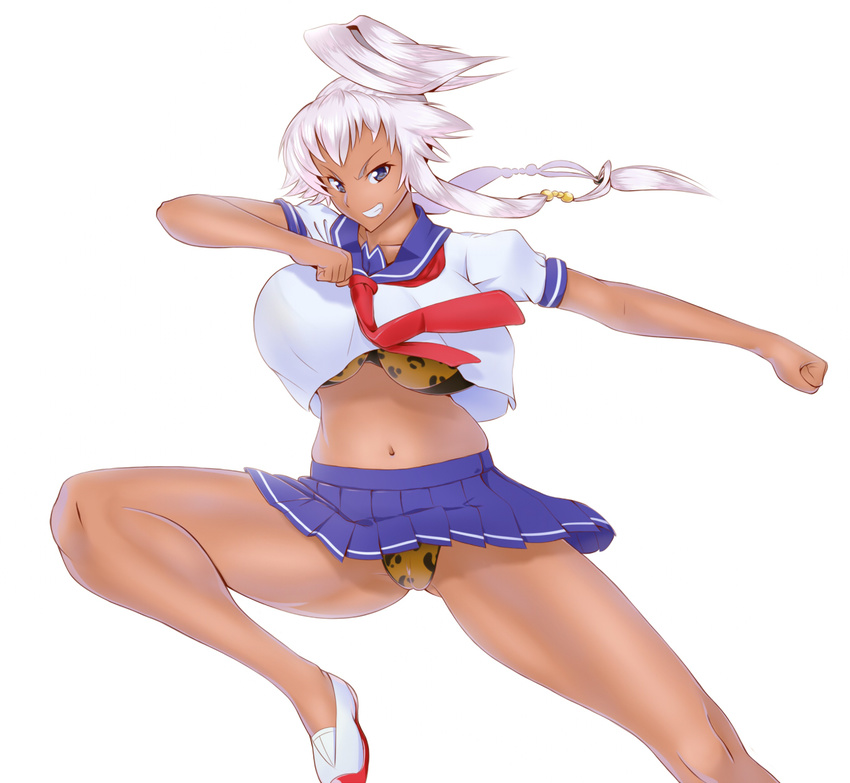 akaza_chacha blue_eyes blue_sailor_collar bouncing_breasts bra breasts burakku-ra dark_skin grin highres large_breasts long_hair maken-ki! midair navel panties pantyshot print_bra print_panties sailor_collar school_uniform serafuku silver_hair simple_background skirt smile solo underwear white_background yellow_bra yellow_panties