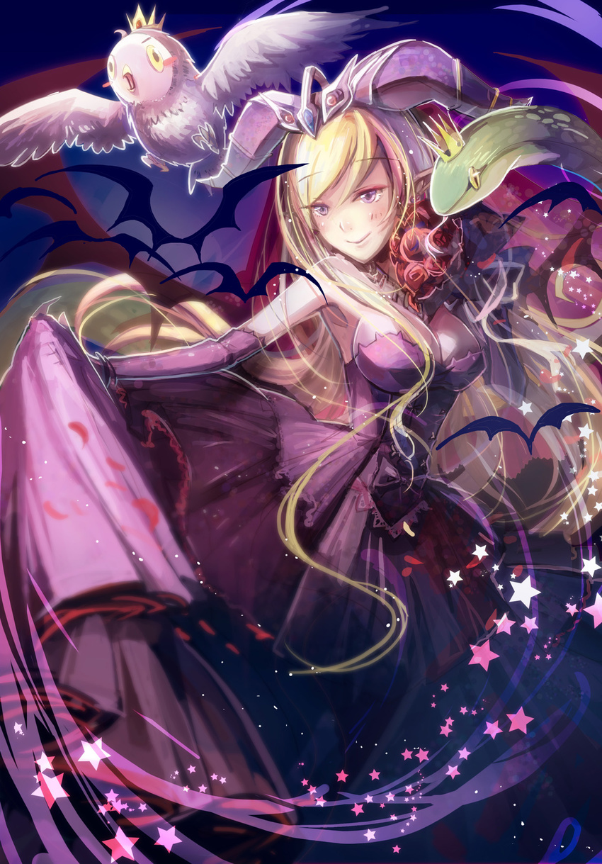bare_shoulders bird blonde_hair bouquet breasts crown dress elbow_gloves flower gloves headdress highres horns large_breasts lilith_(p&amp;d) long_hair mini_crown owl pointy_ears purple_eyes puzzle_&amp;_dragons shadowsinking smile snake wings
