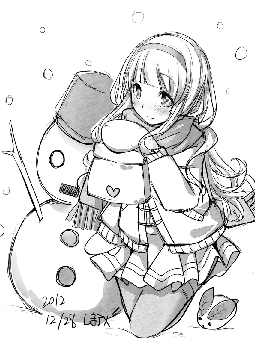 blush dated greyscale heart highres long_hair monochrome original scarf sei000 simple_background skirt smile snow_bunny snowman solo thighhighs white_background