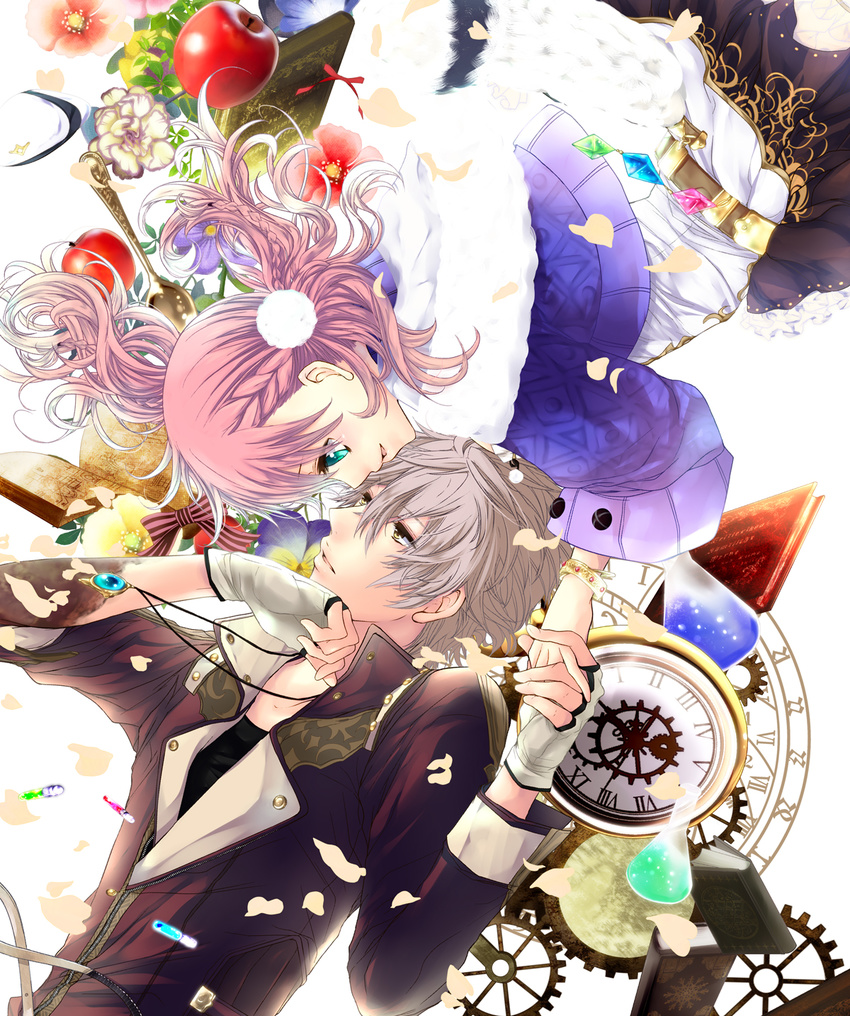 1girl amiko_(frostedchocolate) apple atelier_(series) atelier_escha_&amp;_logy black_skirt book bracelet braid clock escha_malier eye_contact fingerless_gloves flask flower food french_braid fruit gears gloves green_eyes grey_hair highres holding_hands jacket jewelry logix_ficsario looking_at_another necklace open_mouth petals pink_hair pom_pom_(clothes) profile roman_numerals short_hair skirt smile white_gloves yellow_eyes