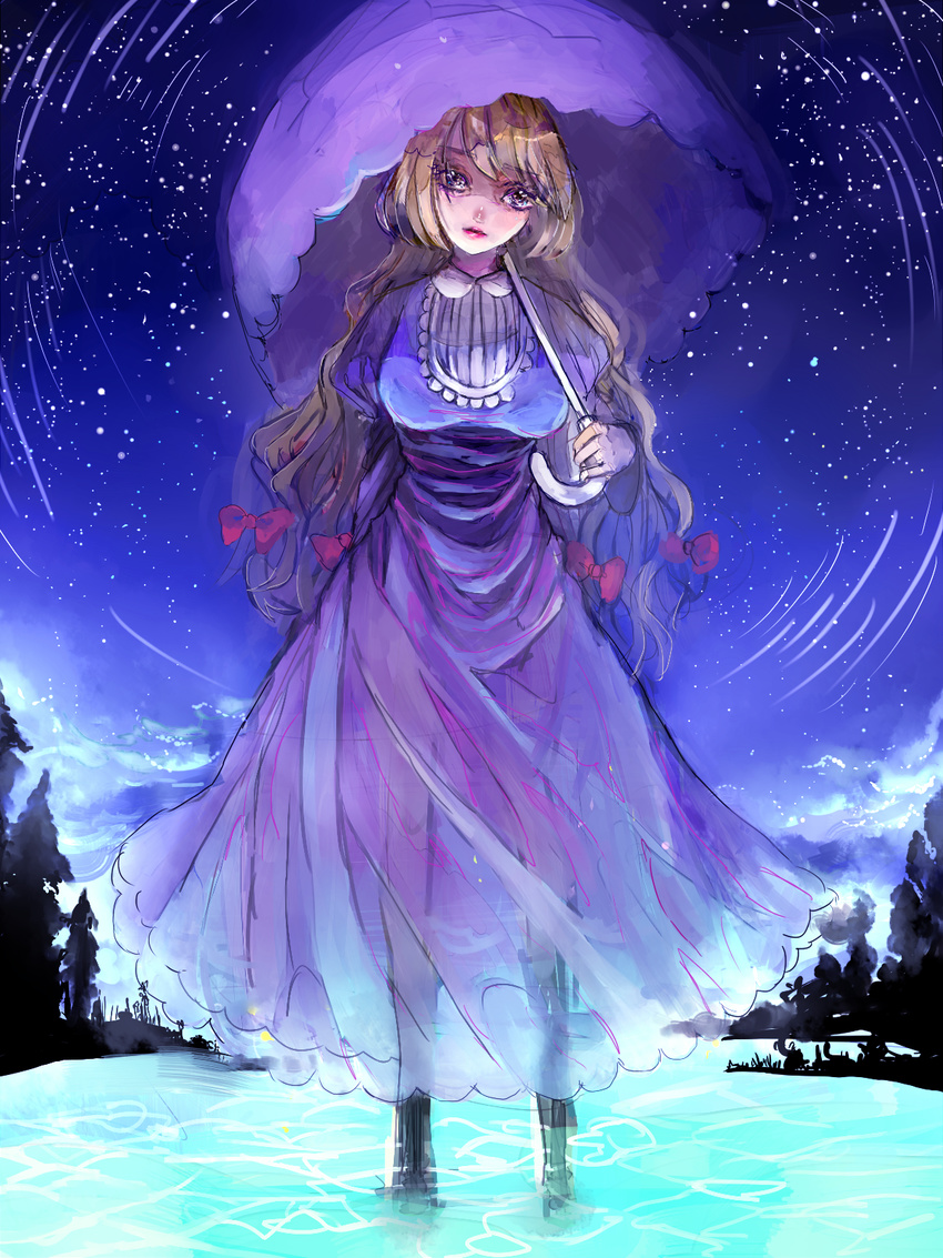 bad_id bad_pixiv_id blonde_hair bow breasts cloud dress expressionless forest frilled_dress frills hair_bow highres lake large_breasts long_hair looking_at_viewer mikazuki_yurayura nature night night_sky parasol purple_dress see-through sky solo standing star_(sky) starry_sky touhou tree umbrella very_long_hair wading water yakumo_yukari
