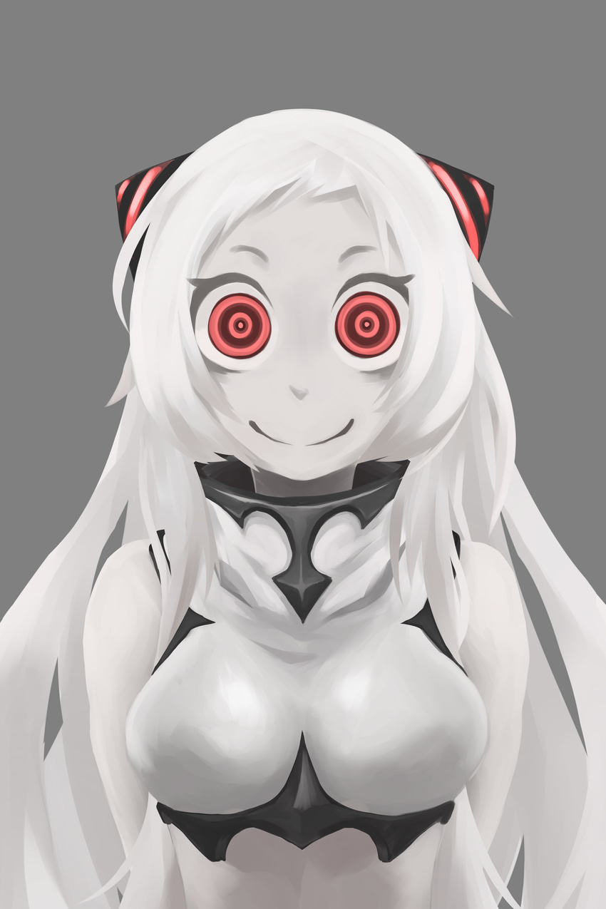 absurdres airfield_hime breasts crazy_eyes deel_(rkeg) grey_background hairpods highres horror_(theme) kantai_collection long_hair medium_breasts monster_girl red_eyes ringed_eyes shinkaisei-kan smile solo upper_body white_hair white_skin