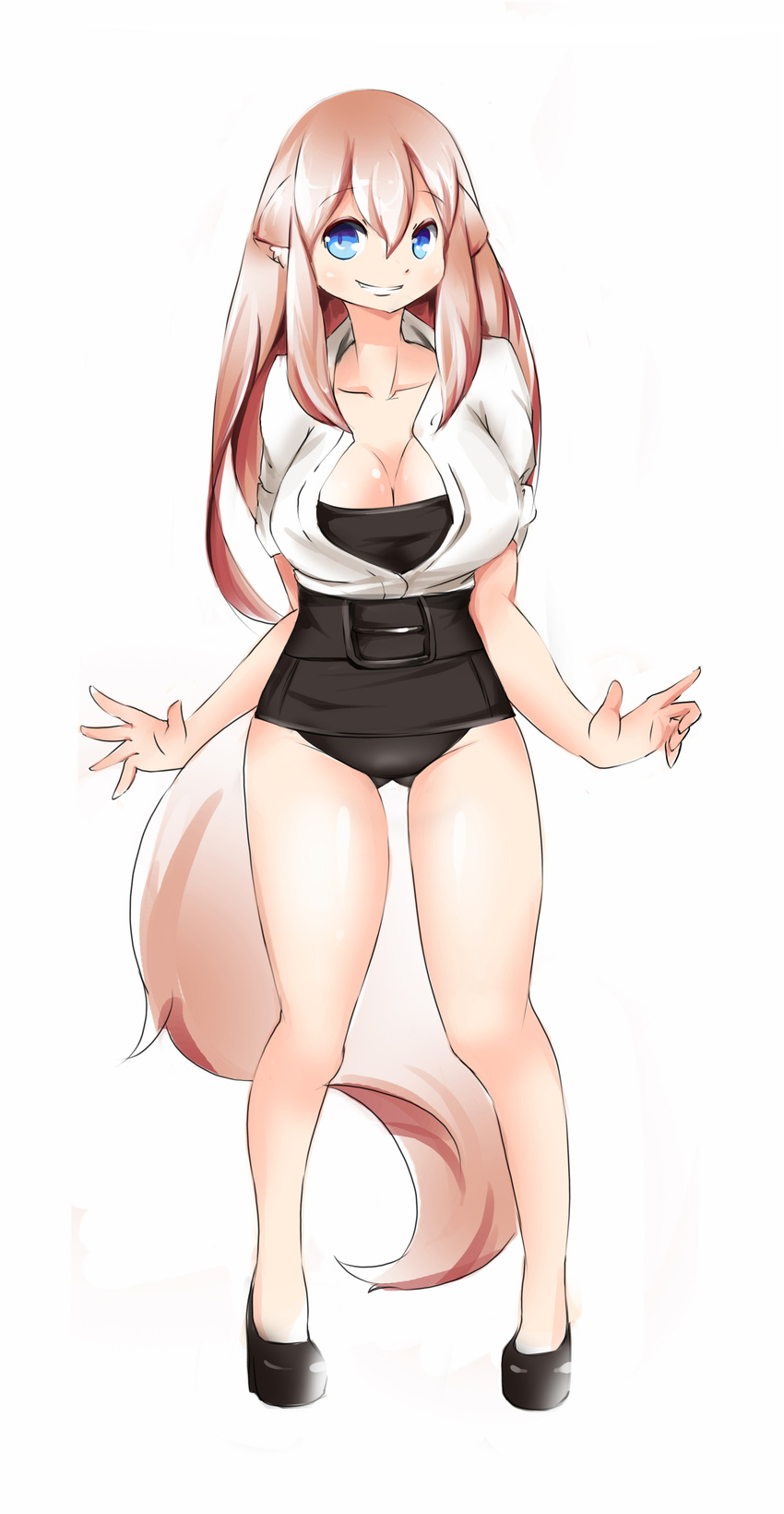 absurdres amuse_(ridge212) animal_ears bad_id bad_pixiv_id banned_artist blue_eyes breasts brown_hair cleavage dog_ears grin highres large_breasts legs leotard long_hair open_clothes open_shirt original shirt simple_background smile solo tail white_background
