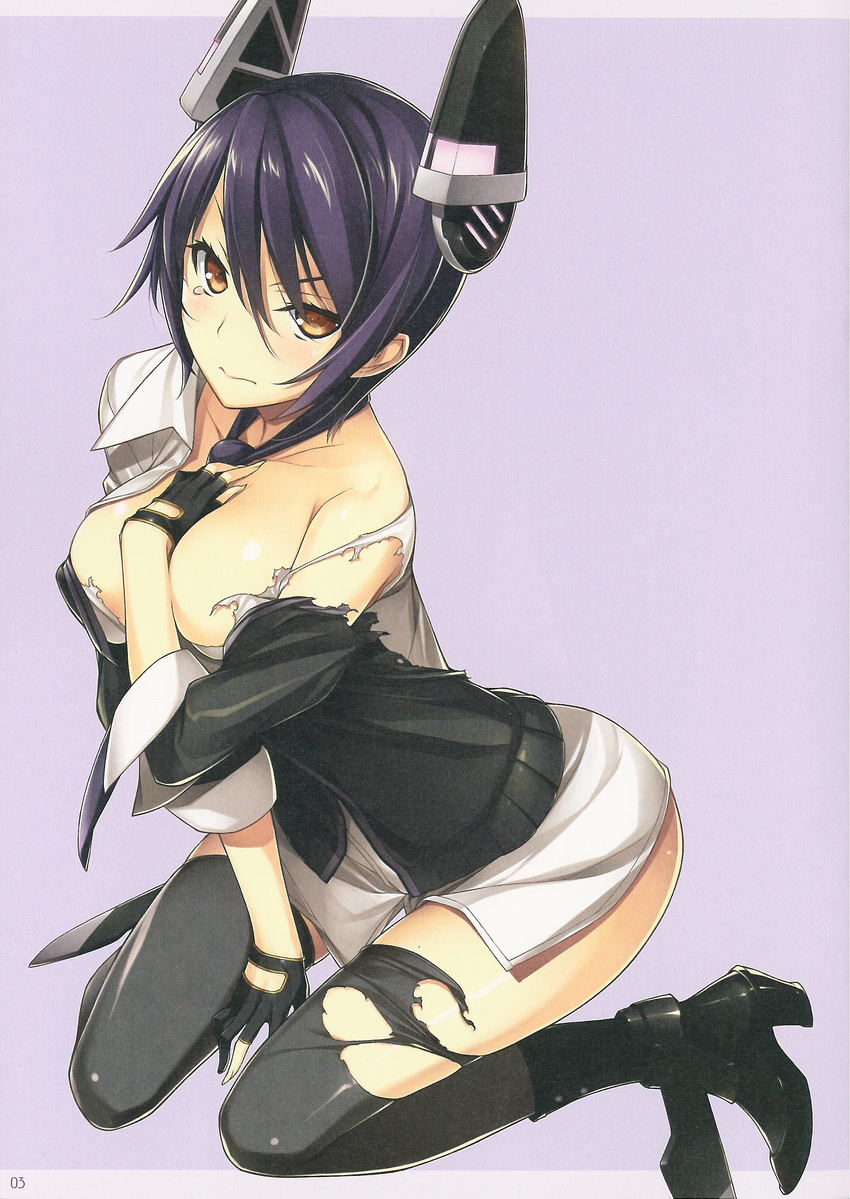 absurdres between_breasts black_legwear breasts brown_eyes covering covering_breasts fingerless_gloves gloves headgear highres kantai_collection kikuchi_seiji kneeling large_breasts looking_at_viewer necktie no_eyepatch open_clothes open_shirt purple_hair scan shirt short_hair simple_background solo tears tenryuu_(kantai_collection) thighhighs torn_clothes torn_legwear