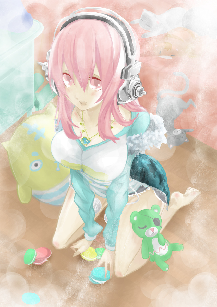 breasts cat cleavage food haziketti headphones highres large_breasts long_hair looking_at_viewer macaron nitroplus open_mouth pink_eyes pink_hair solo stuffed_animal stuffed_toy super_sonico teddy_bear